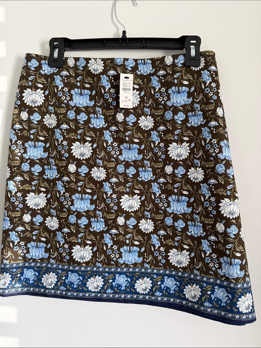 Talbots Brown Floral A-Line Skirt with Blue and White Blooms